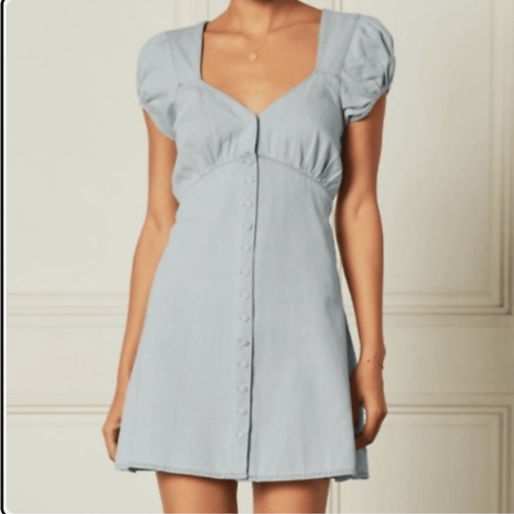 Boyish Sunrise Blue Peplum Denim Sample Dusty Dress with Puff Sleeves